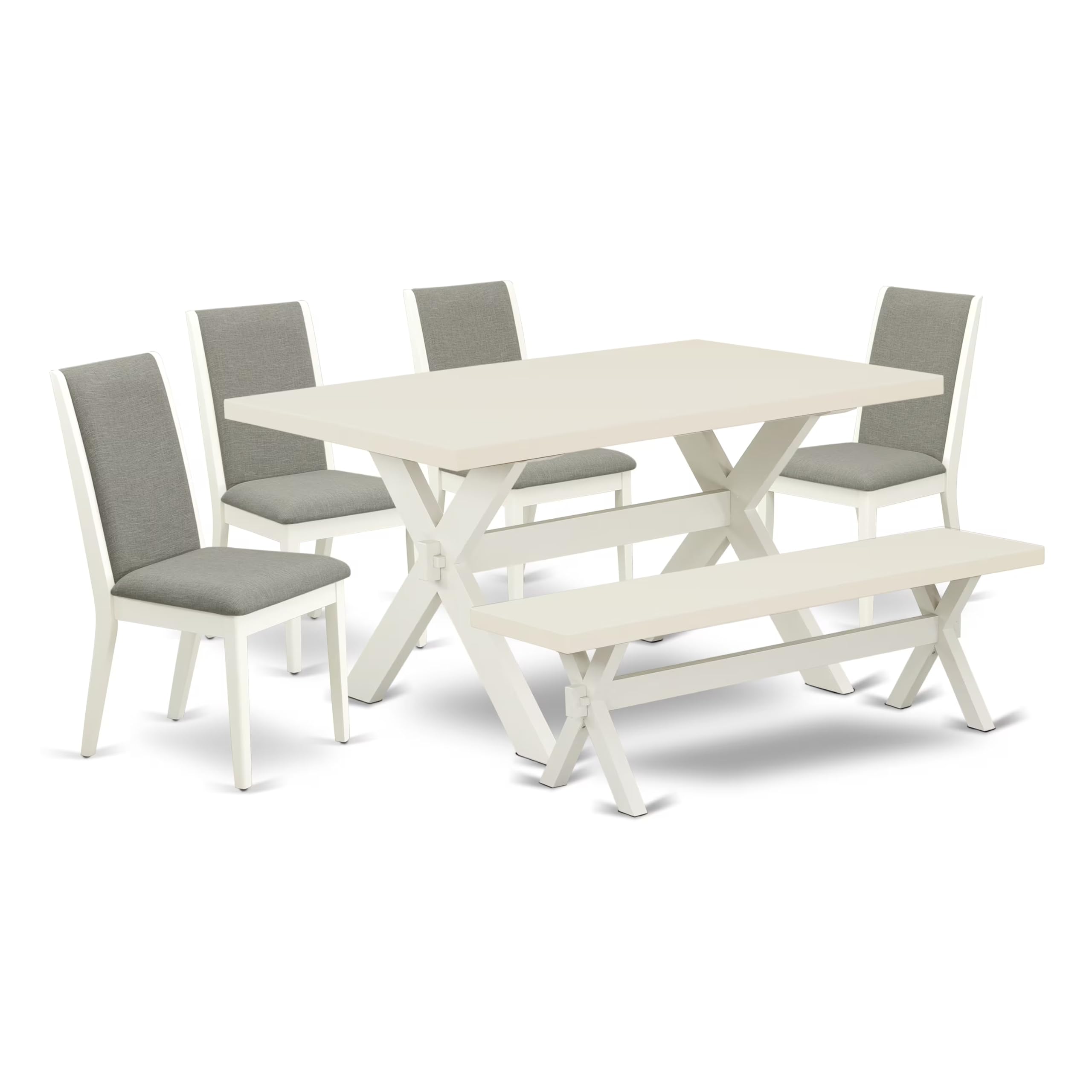East West Furniture X026La206-6 6 Piece Kitchen Table Set Contains A Rectangle Dining Table With X-Legs And 4 Shitake Linen Fabric Parson Chairs With A Bench, 36X60 Inch, Multi-Color